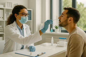 Medical professional administering nasal swab test to male patie