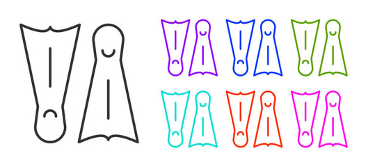 Black line Rubber flippers for swimming icon isolated on white background. Diving equipment. Extreme sport. Diving underwater equipment. Set icons colorful. Vector © Kostiantyn