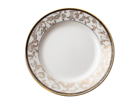 Elegant white plate with ornate gold and black floral pattern image, Isolated, Png Transparent Background - Powered by Adobe