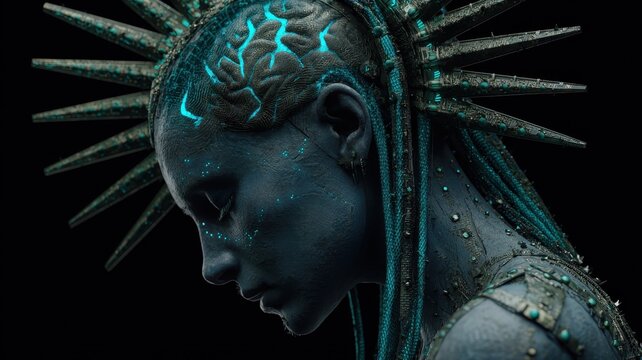 Artistic portrait of a futuristic woman with glowing brain design