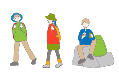 ハイキングや山歩きをしている人々のイラスト
