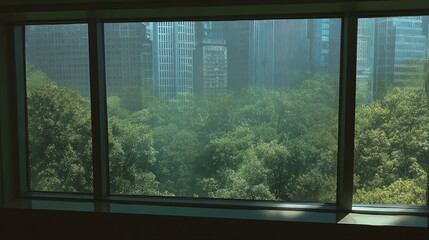 A lush green park is viewed through large office windows with skyscrapers in the background during daylight.