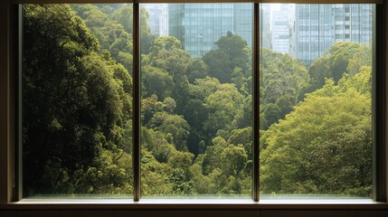 Naklejka premium A view of a lush green forest with tall trees, seen through a large window with vertical frames, with city skyscrapers in the background.