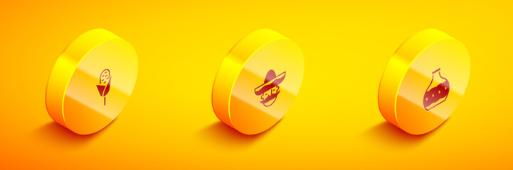 Set Isometric Corn, Mexican man sombrero and Tequila bottle icon. Vector