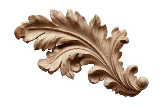 Ornate wooden leaf carving.  Detailed, light beige wood carving in the shape of a stylized leaf, with intricate, flowing  patterns