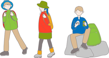 ハイキングや山歩きをしている人々のイラスト