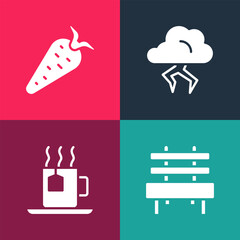 Set pop art Bench, Cup of tea with tea bag, Storm and Carrot icon. Vector