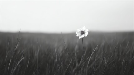 A solitary flower stands tall amidst blurred grass in a monochrome landscape, evoking a sense of solitude and simplicity.