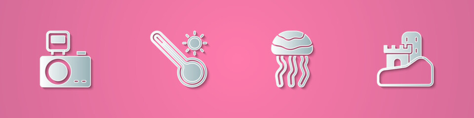 Fototapeta premium Set paper cut Photo camera with flash, Meteorology thermometer, Jellyfish and Sand castle icon. Paper art style. Vector