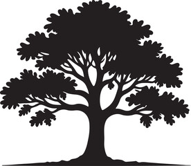 Silhouette of a deciduous tree with a broad crown and visible branches on a white background	