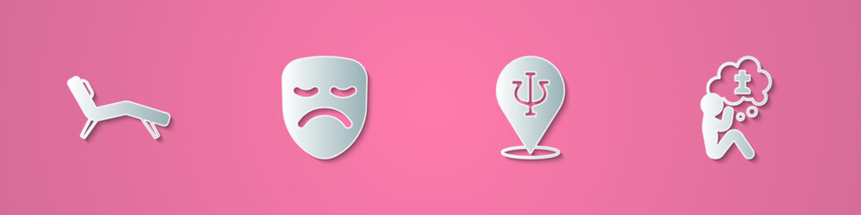 Set paper cut Armchair, Drama theatrical mask, Psychology, Psi and Man graves funeral sorrow icon. Paper art style. Vector