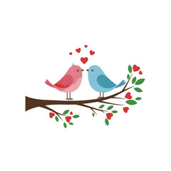 Obraz premium Two cute birds in love sitting on a tree branch with hearts flying above them isolated on white background
