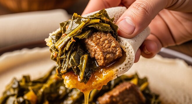 Traditional Ethiopian Food - Close-Up of Authentic Gomen be Siga (Collard Greens with Beef) Served on Injera, Cultural Cuisine Editorial Food Photography