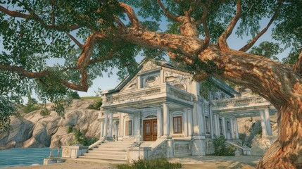 Fototapeta premium Elegant light beige mansion nestled in nature