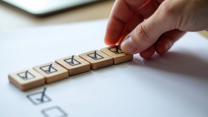 Work Progress Loading Bar with Checklist. A hand places wooden block with a checkmark into loading bar with 5 checkboxes, symbolizing progress, task completion, and project workflow.