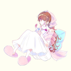 猫をなでる女性　メルヘン