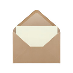 Open brown envelope with paper inside isolated on transparent background