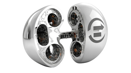 Obraz premium Futuristic Metallic Split Sphere with Intricate Inner Mechanics and Abstract Symbol Representing Technology and Innovation