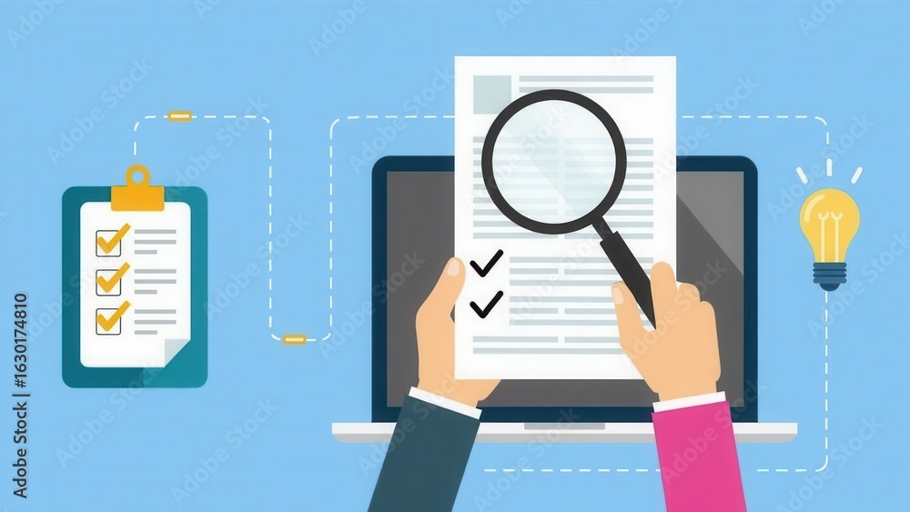 Poster document review process and quality control concept. hand holding magnifying glass over a document i