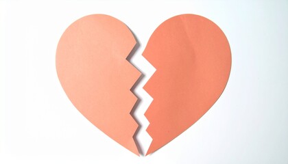 A poignant close-up of a pink paper broken heart isolated on a white background, a powerful symbol of lost love and emotional pain.