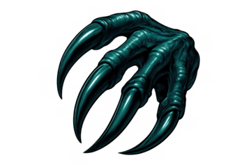 Green monster claw emerging menacingly, sharp talons piercing transparent backdrop with threatening silhouette