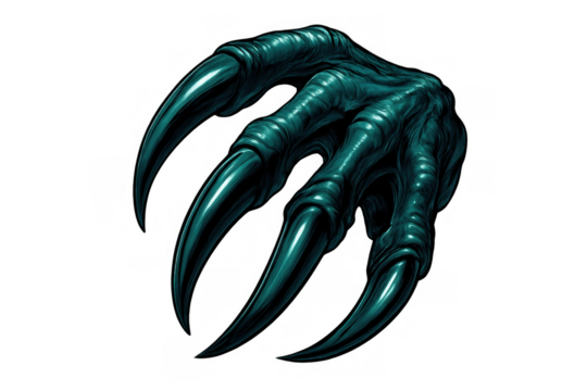 Green monster claw emerging menacingly, sharp talons piercing transparent backdrop with threatening silhouette