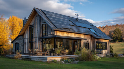 Obraz premium Old barn converted into a cozy home with roof insulation and solar panels—blending rustic charm, modern comfort, and a sunny terrace for relaxed countryside living.