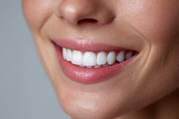 Radiant Smile: A close-up of a radiant smile, showcasing flawless white teeth and naturally plump lips, embodying beauty and self-care.