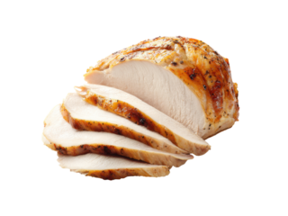Sliced roasted turkey breast with seasoned golden brown skin cooked, Isolated, Png Transparent Background