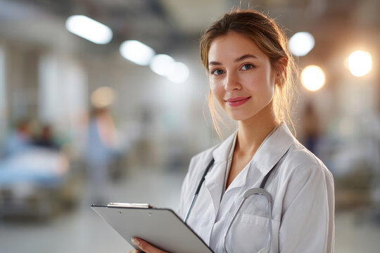 Healthcare Professional Portrait: A close-up portrait of a skilled, smiling healthcare professional, exuding confidence and approachability while holding a clipboard.