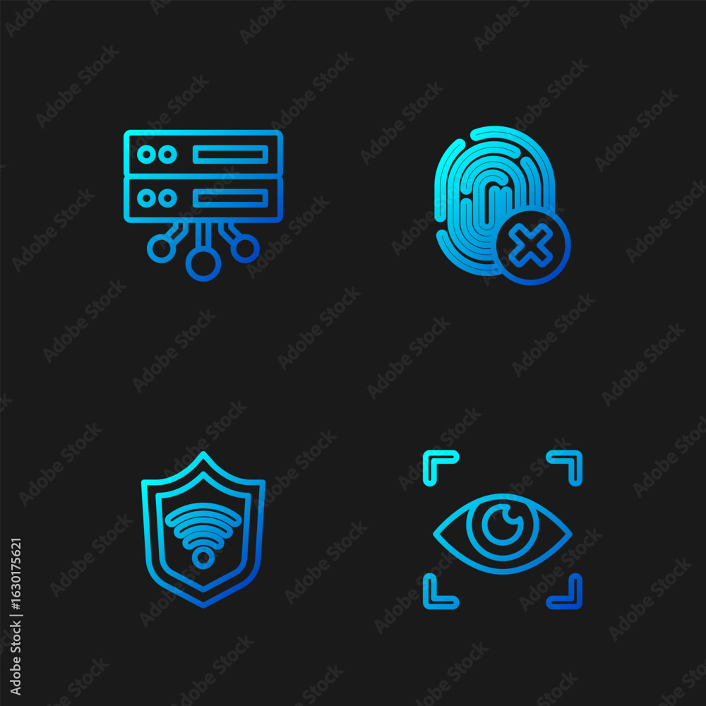 Poster set line eye scan, shield with wifi wireless, server, data, web hosting and cancelled fingerprint. g
