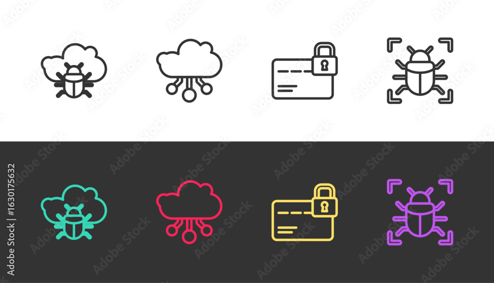 Poster set line system bug on a cloud, internet of things, credit card with lock and on black and white. ve