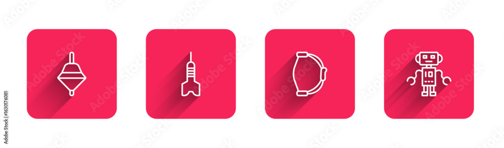 Poster set line whirligig toy, dart arrow, bow and robot with long shadow. red square button. vector