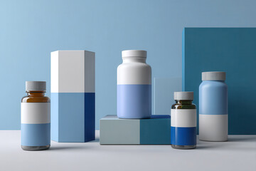 Pharmaceutical Composition: Pharmaceutical bottles arranged with a mix of modern style and eye-catching color combinations. Emphasizing clean lines and structured composition.