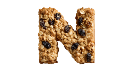 A letter 'N' in cookie style, resembling a perfectly shaped oatmeal raisin cookie, isolated on a Transparent Background