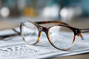Vision Clarity: A pair of eyeglasses rests elegantly on a visual acuity chart, the lens reflecting an atmosphere of precision and care.