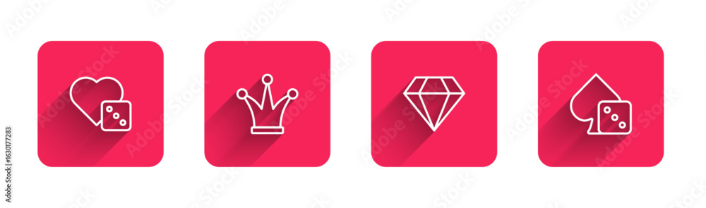 Poster set line game dice, joker playing card, diamond and with long shadow. red square button. vector