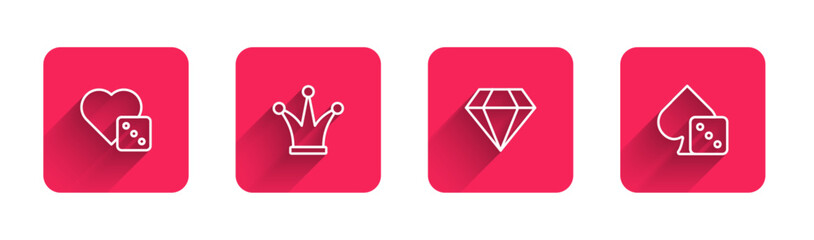 Set line Game dice, Joker playing card, Diamond and with long shadow. Red square button. Vector