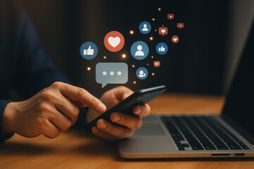 Person interacting with social media app on smartphone, surrounded by colorful engagement icons representing likes, comments, and followers