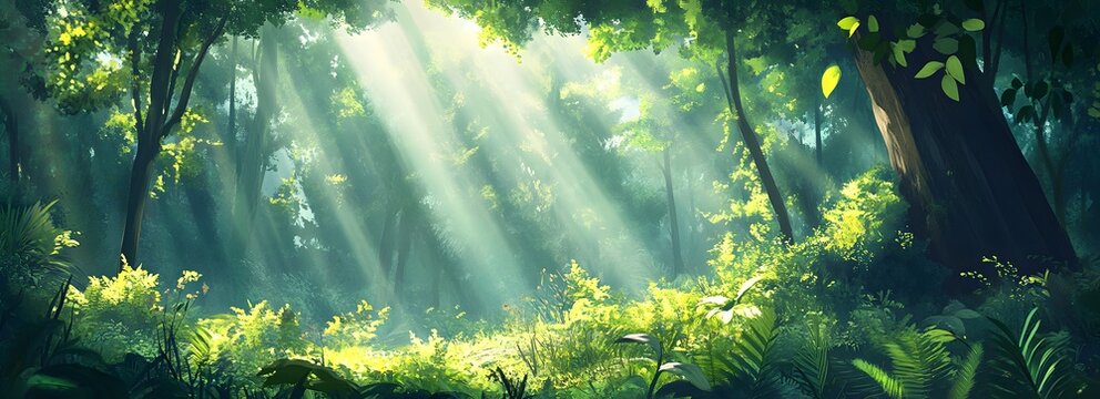 Sunbeams filtering through lush green forest canopy creating a magical atmosphere