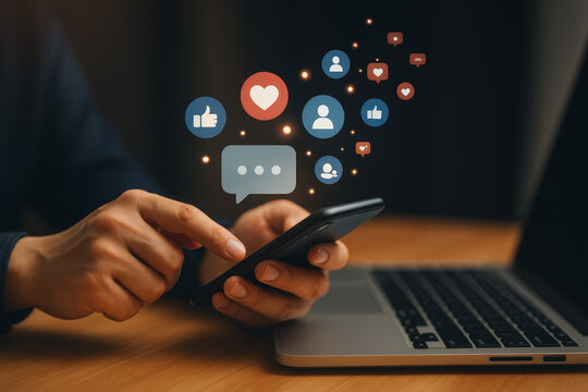 Person interacting with social media app on smartphone, surrounded by colorful engagement icons representing likes, comments, and followers - Powered by Adobe
