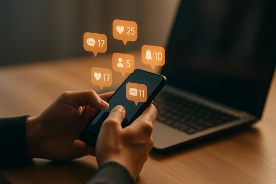 Person using smartphone with floating social media notifications, symbolizing digital communication, engagement, and online interaction