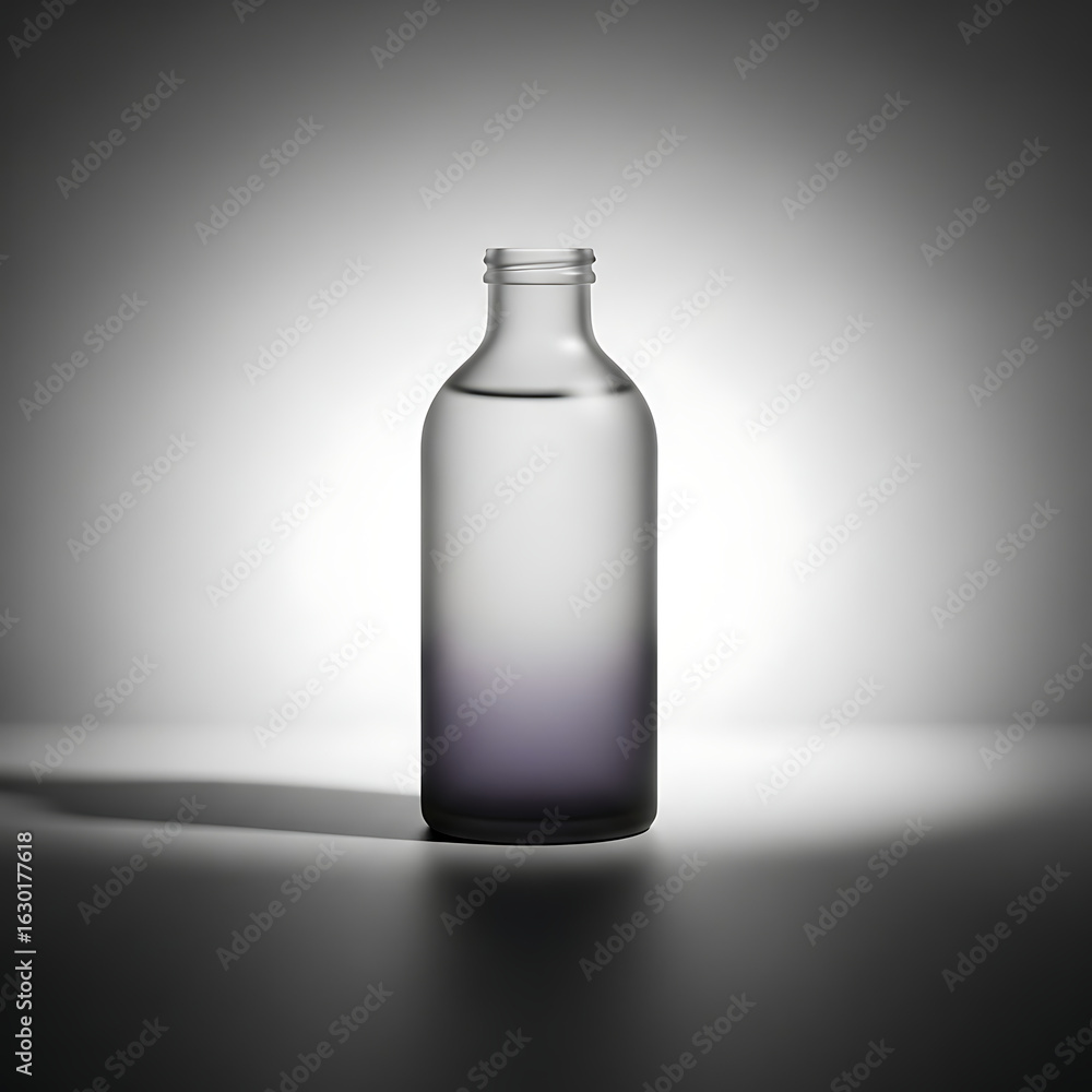 Poster A clear glass bottle, partially filled with liquid, stands on a surface with a gradient background creating a soft spotlight effect.