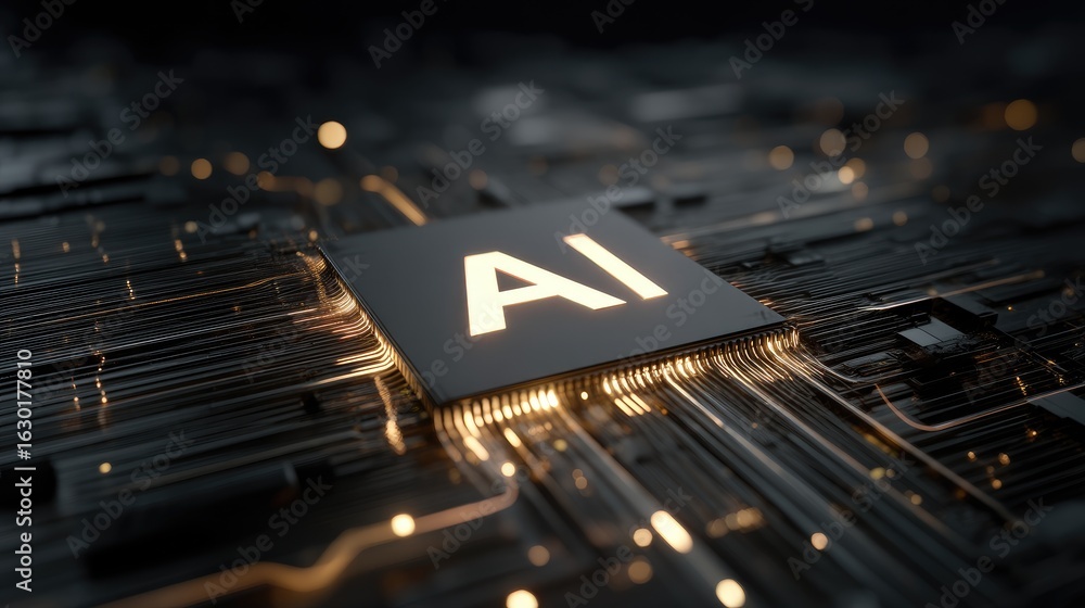 Poster glowing ai chip with illuminated golden circuits on a black motherboard, ideal for showcasing artifi