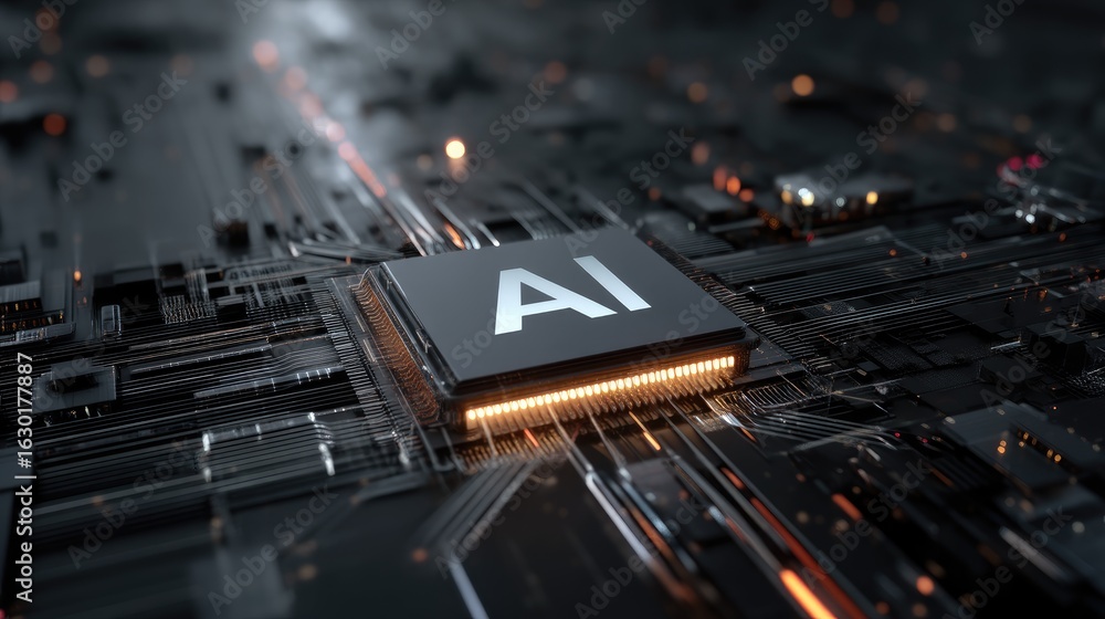Poster ai chip with glowing orange interface lines on a sleek black motherboard, perfect for representing a
