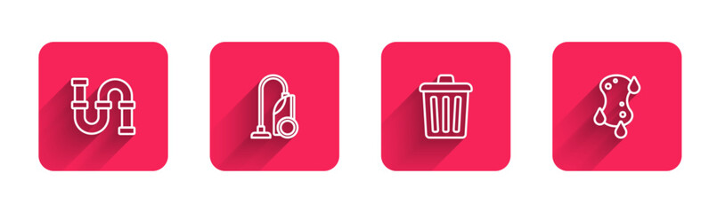 Set line Industry metallic pipe, Vacuum cleaner, Trash can and Sponge with long shadow. Red square button. Vector