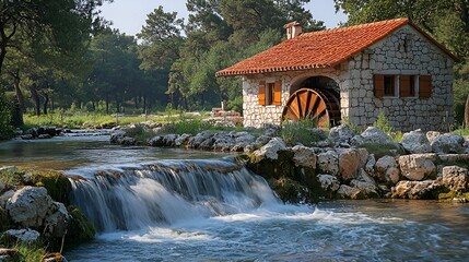 Rustic watermill by cascading river