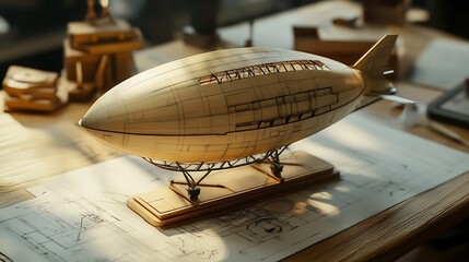 Golden Zeppelin Model on a Wooden Base Placed on Detailed Architectural Blueprints
