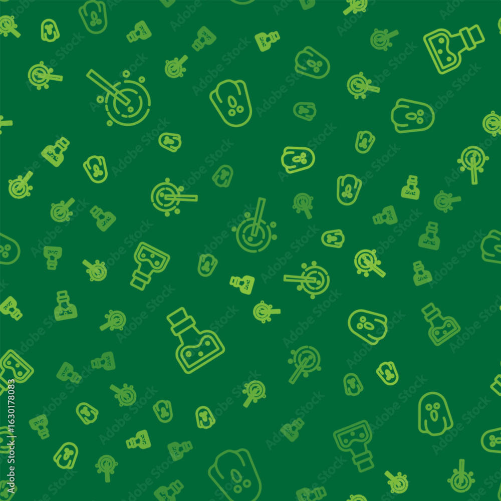 Poster set line magic wand, bottle with potion and ghost on seamless pattern. vector