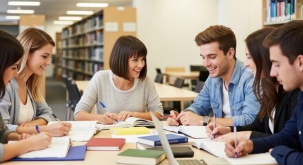 Students studying in a library with books and laptops.
